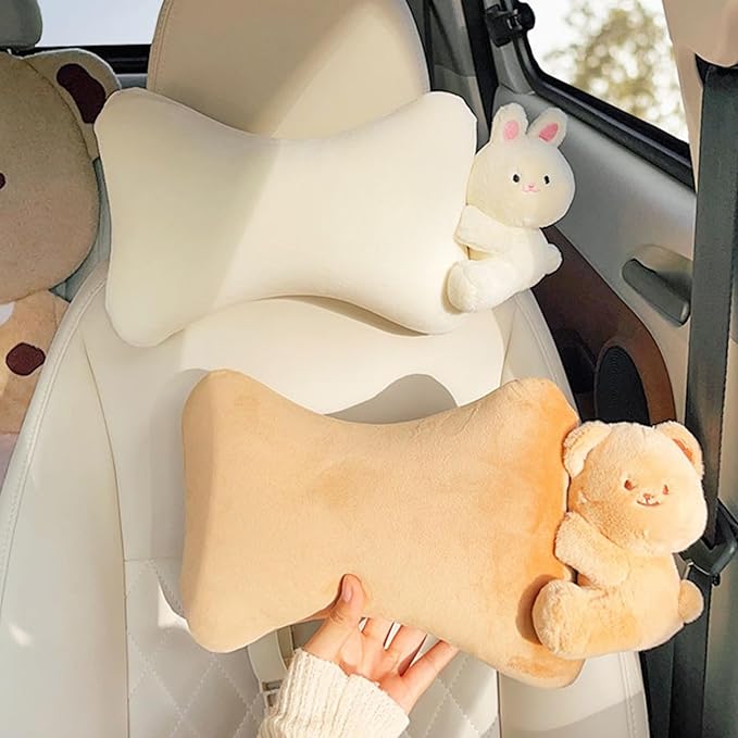 Car Headrest Pillow 2PCS Plush Bear ＆ Bunny Car Seat Headrest Pillow - Memory Foam Neck Support Cushions for Comfortable Driving, Easy Install & Washable (White Rabbit)