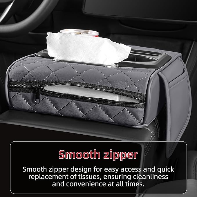 5 in 1 Car Center Console Cover, Armrest Pad with 2 Storage Pockets, Cup Holder, Tissue Box Slot, Phone Holder, Universal Car Interior Organizer (Gray)