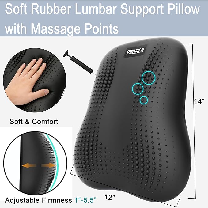 Lumbar Support Pillow, Inflatable Rubber Lumbar Pillow for Lower Back Pain Relief - Car Back Cushion for Driving - Lumbar Support for Car-Office Chair, Massage Points, Adjustable Firmness, Black