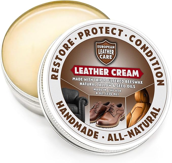 European Leather Care 8 oz Cream Leather Cleaner and Conditioner All Natural Leather Boots Leather Maintenance Cream Leather Conditioner Shoe Polish, Leather Couch, Furniture, Purses, Car, Saddle USA
