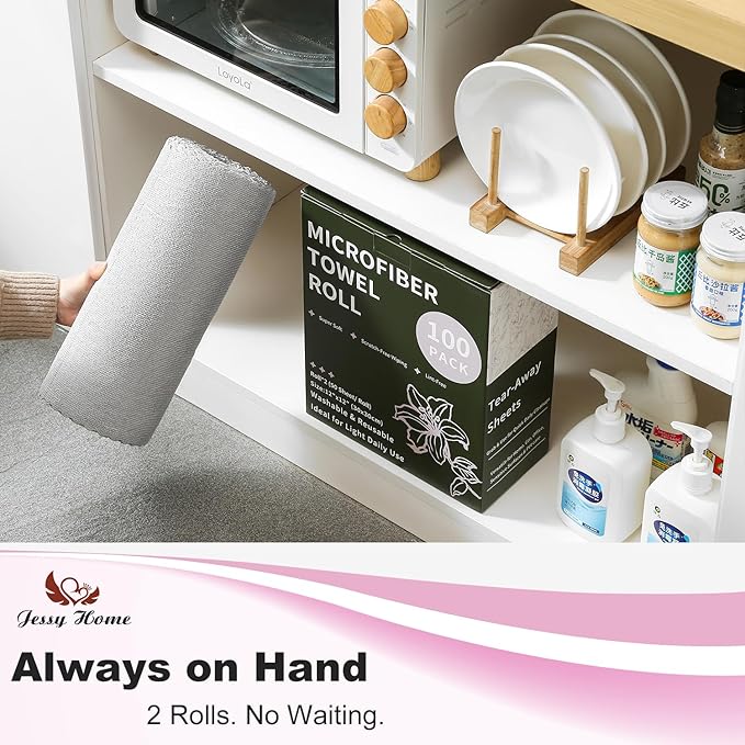 Jessy Home 2 Roll Reusable Paper Towels,100 Sheets Tear Away Microfiber Cleaning Cloth, Lint Free Cleaning Rags for Kitchen, Dishcloth,Household Cleaning Supplies