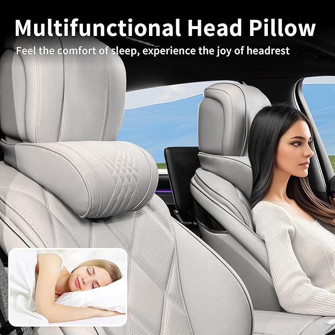Car Headrest Memory Foam Neck Pillow for Driving with Leather Cover Soft Comfortable Seat Head Pillow Cushion for Most Cars SUV Sedan Home Office Off-White (Beige) (1PC)