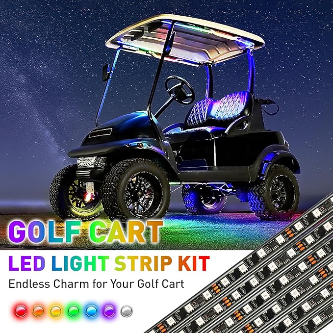 Golf Cart Underglow LED Light Strip Kit, 28 RGB Modes with Music Sync & Wireless Remote | 12-85V Wide Voltage, Fit Club Car, EZGO, Yamaha (2/4/6 PCS)