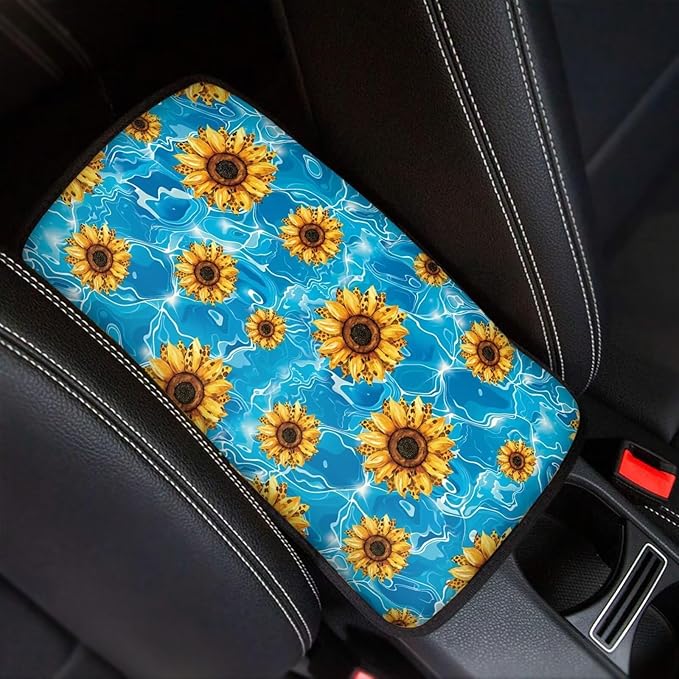 Blue Sunflower Thin Car Armrest Pads Auto Armrest Box Cover Comfortable Middle Storage Organizer Pad Universal Style Car Accessories Decor