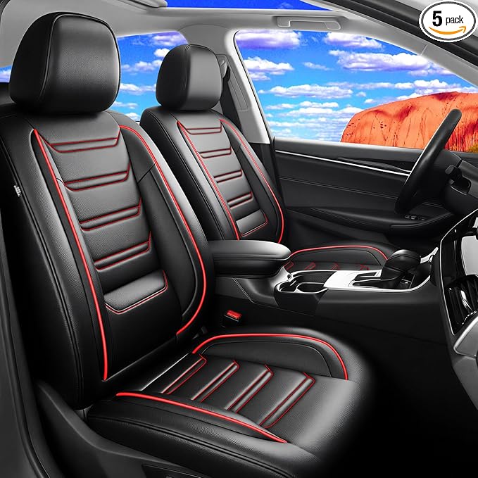 Fit Trax Car Seat Covers for Chevrolet/Chevy Trax 2015-2026 - Luxury Full Coverage Leather, Waterproof & All Weather Breathable Seat Cushion Protector, Airbag Compatible, Full Set, Red Trim