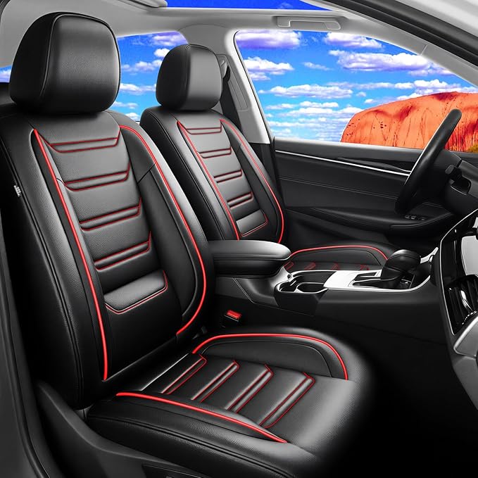 Fit CX-50 Car Seat Covers for Select Mazda CX50 2023-2026 - Premium Full Coverage Leather, Airbag Compatible, Luxury Waterproof All Weather Breathable Seat Protector, Full Set, Red Trim