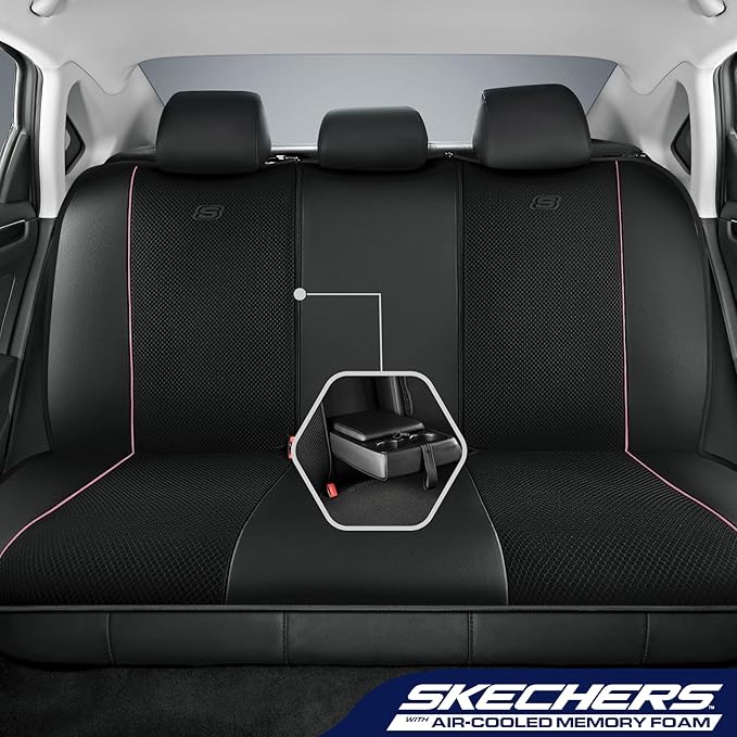 Skechers Air-Cooled Memory Foam Seat Covers,Mesh Thick Car Seat Covers,Piping Leather Car Seat Cover,Airbag Compatible,Automotive Comfort for Most Cars, Vans, Trucks, SUV(Pink, Full Set)