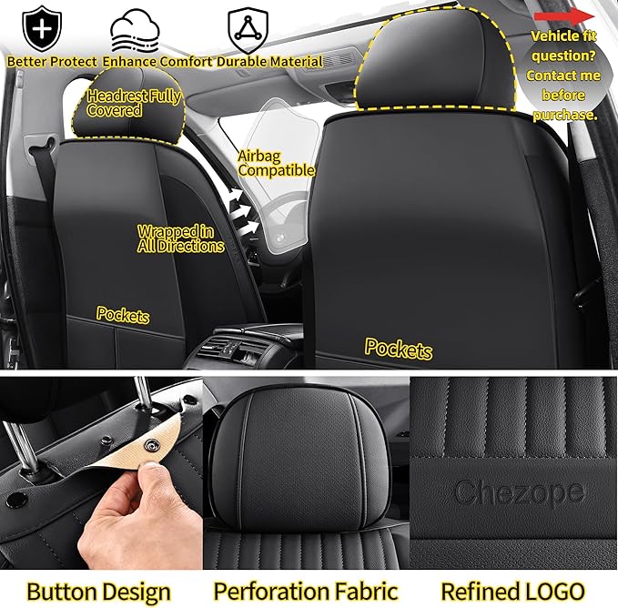 Chezope Leather Seat Covers, Black Car Seat Covers Front Pair, Breathable Car Seat Protectors, Wear-Resistant Car Accessories, Universal Fit for Most Cars,SUVs Truck (Black-Stripes, Front Pair)