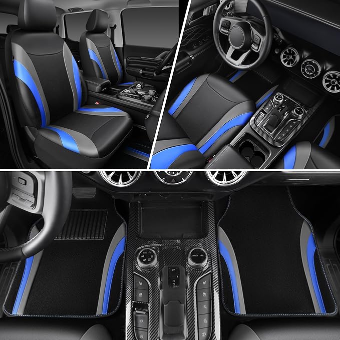 CAR PASS Leather Car Seat Covers Full Set with Waterproof Car Floor Mats,Airbag Compatible,Automotive Interior Covers for Cars,Sedans,Trucks,Vans,SUV with Car Carpet Mats(Black and Blue)