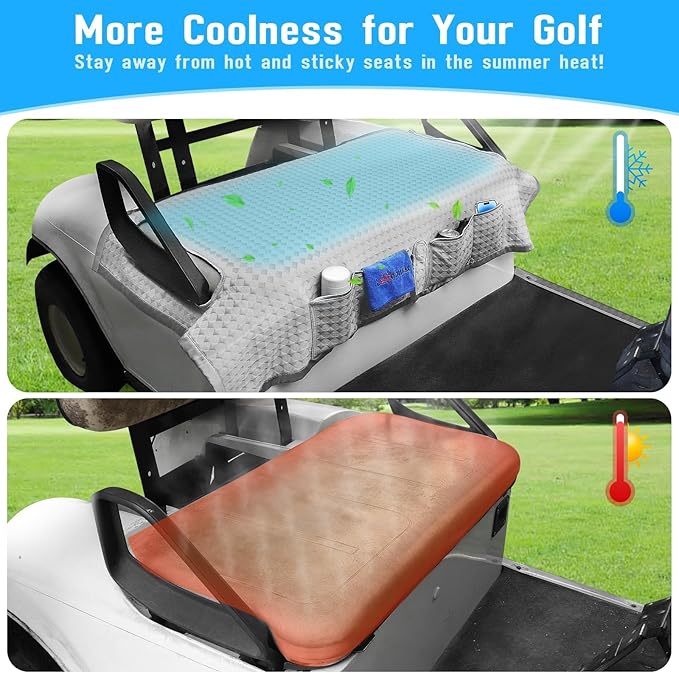 Golf Cart Seat Covers Cooling Ice Silk Golf Cart Seat Blanket for EZGO TXT RXV/Club Car DS Precedent Front Seat 4 Pockets Seat Blanket for 2-Person Seats, Keeps Seat Cool and Clean Gray
