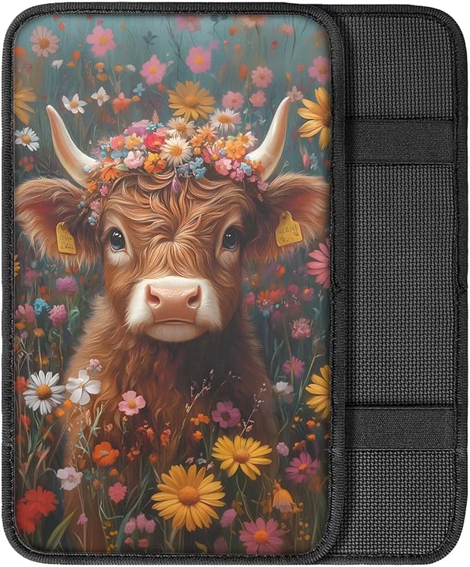 Dreaweet Car Center Console Cover Cute Highland Cow Car Accessories Interior for Women Soft Comfy Arm Rest Cover for Truck SUV Van,Car Armrest Cover Center Console Cushion Pad Universal Fit