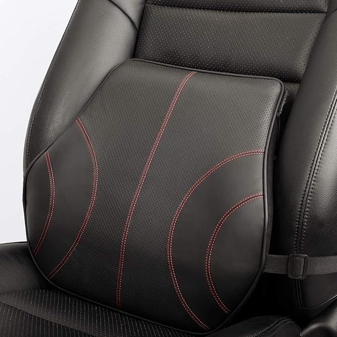 Aukee Lumbar Support Pillow for Car, Genuine Leather Memory Foam Pillow Lower Back Cushion for Office Chair with Adjustable Strap (Black)