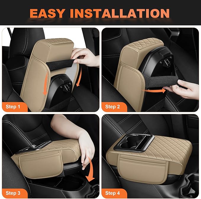 Center Console Cover Fit for Kia Sorento 2003-2025 with 2 Storage Bags Waterproof Leather Quilted Pattern Car Armrest Cover Cushion Elevating Pad Anti-Slip(Beige)