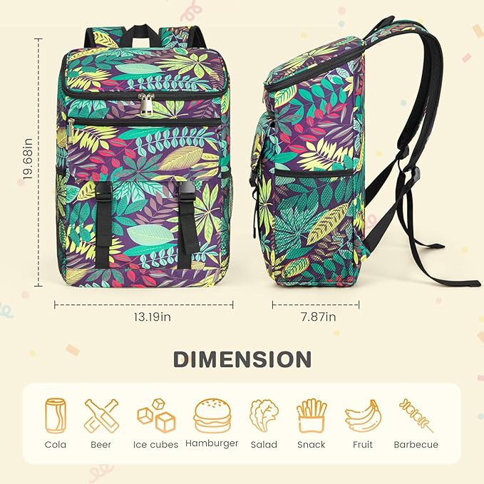 Cooler Backpack Soft Insulated Leak Proof 30 Cans Insulated Backpack Cooler Portable Picnic Camping Beach Hiking BBQ Lunch Backpack for Men and Women -Leaf Flowers