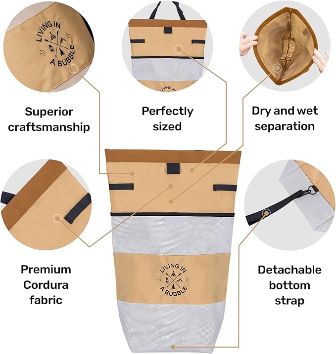 Living in a Bubble Wet Dry Laundry Bag – Portable Waterproof Laundry Hamper for RV, Campervan & Travel – Foldable Clothes Organizer with Separate Wet & Dry Compartments