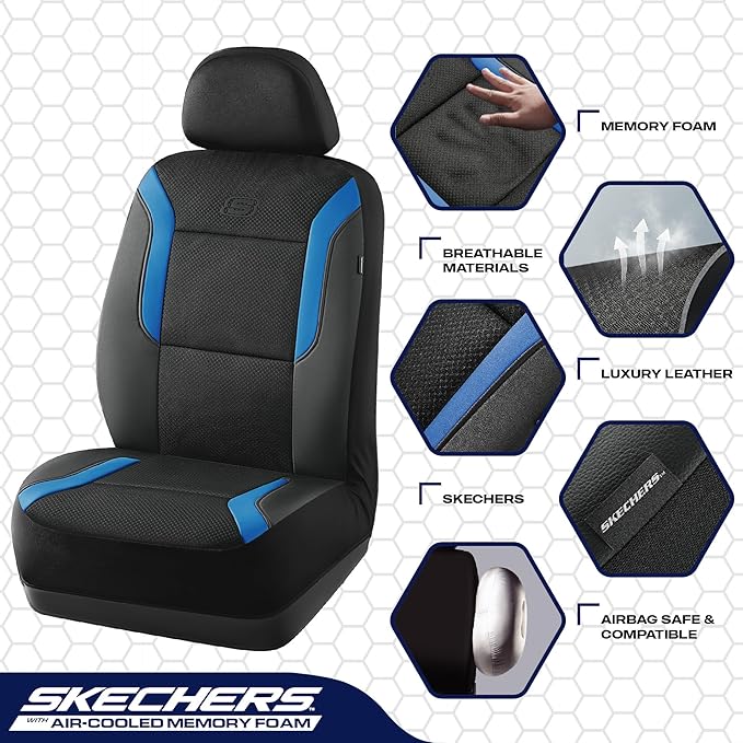 Skechers Memory Foam Car Seat Covers, Air Cool Mesh Thick Seat Covers, Car Seat Cover Full Sets, Airbag Compatible, Automotive Comfort Protection for Most Cars,Vans,Trucks, SUVs,Blue
