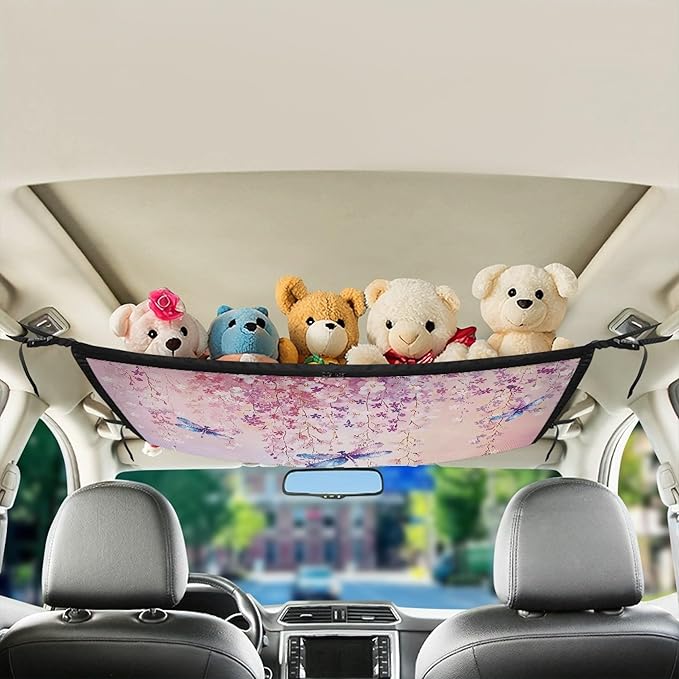 NDISTIN Dragonfly Car Ceiling Cargo Pocket Anti-Fall Cargo Net for Inside Car Roof Flowers SUV Sundries Storage Pouch Pink Mesh Cargo Net Car Travel Accessories Interior Decor