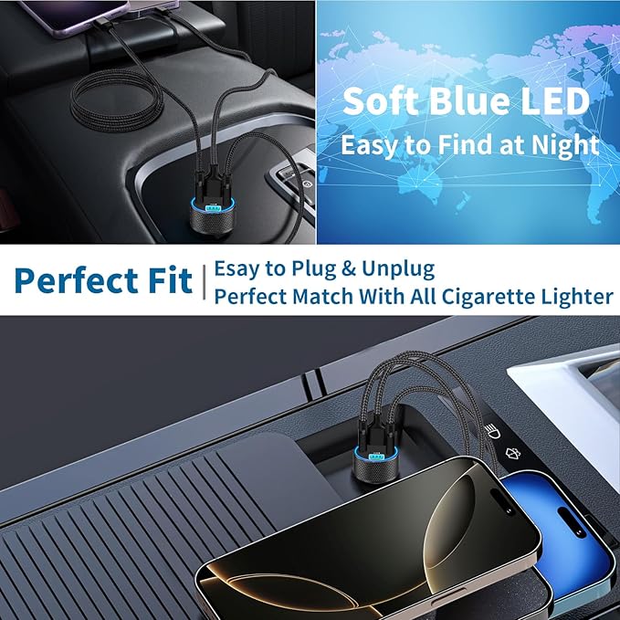 USB Fast Car Charger, Stuffcool 60W 2USB-A + 2QC3.0 Car Power Adapter 4-Port Car Charge Cigarette Lighter USB Charger Car Carplay Charger for iPhone 17 17 Pro 16 15 14 13 12/Galaxy S26 S25/Pixel/iPad