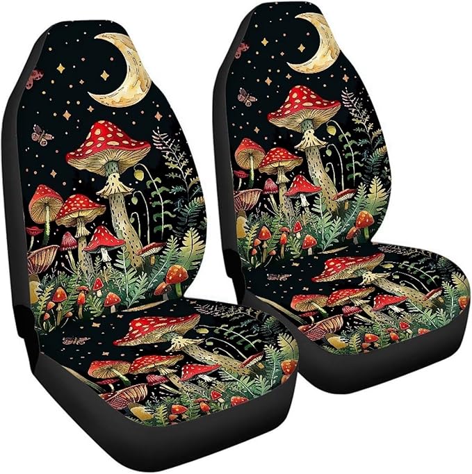 BIGCARJOB Mushroom Print Car Seat Cover Set for Front Seat Only,Moon Star Mushroom Print Auto Front Seat Protector Full Set Car Interior Accessories,Universal Fit