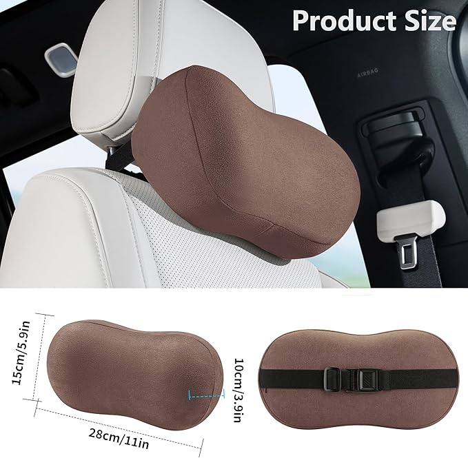 Car Neck Pillow Ergonomic Design Memory Foam Softness Car Headrest Pillow for Neck Support Cushion for Driving, Universal Fit Head Rest Travel Pillow, Fits All Vehicles, Brown, 1 Pack