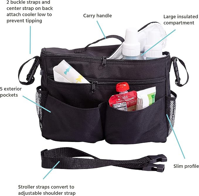 J.L. Childress Cool 'N Cargo Stroller and Wagon Cooler and Organizer - Universal Fit - Insulated - Attaches to Strollers, Wagons, Walkers and Wheelchairs - Large Capacity - Black