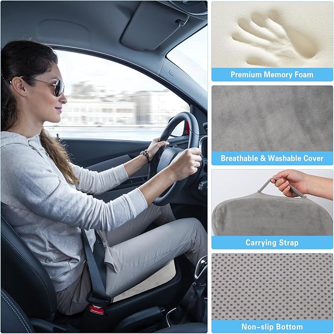 Car Seat Cushion for Sciatica Pain Relief, Extra Large Ergonomic Memory Foam Seat Pad for Lower Back & Tailbone Support, Cushion for Long Driving, Office Chair, Truck, Wheelchair - Grey