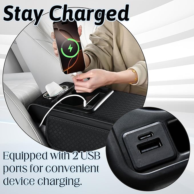 Car Armrest Box Mat - Multi-Functional Black Leather Center Console Cover Waterproof Height Enhancement Cushion with Storage Box Cup Tissue Phone Holder Card Pocket for Car Interior Accessory