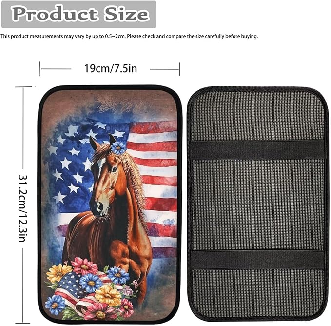 Suobstales Horse Daisy American Flag Print Car Armrest Pad Soft Center Console Arm Rest Protector Cover Universal Car Interior Accessories Decoration