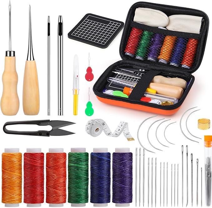 MORFEN Leather Sewing Kit Upholstery Repair Kit Leather Stitching Kit with Hole Punch, Waxed Thread, Sewing Awl, Upholstery Needles, Leatherworking Tools for Hand Stitching Furniture, Car, Sofa