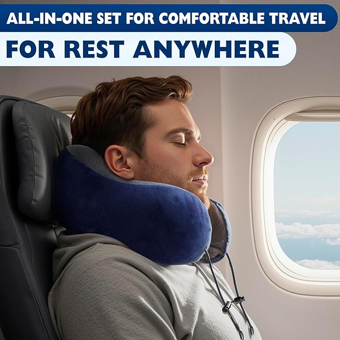 Neck Pillow for Plane Travel – 4-in-1 Kit | Adjustable Blue Memory Foam Neck Support Pillow, Eye Mask, Earplugs, & Cover | Cozy, Washable Cotton Cover with Secure Buttons – Comfort Traveling