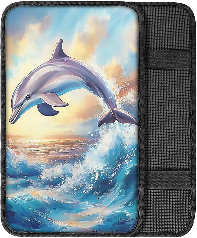 Suobstales Dolphin Sea Wave Sunset Print Car Armrest Pad Soft Center Console Arm Rest Protector Cover Universal Car Interior Accessories Decoration