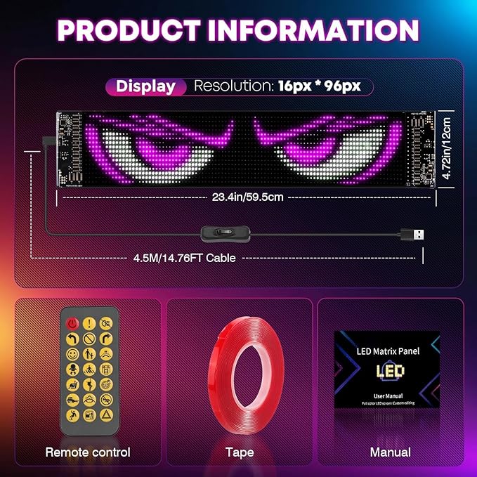 5800 Lux High-Brightness Multi-Panel Sync LED Display (23.4"x4.73") – 3X Brighter, APP/Remote Programmable Scrolling Text & Animation for Cars, Stores – USB 5V Powered