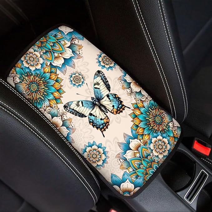 Butterfly Boho Center Console Cover for Car Soft Waterproof Armrest Cover Cushion Mandala Floral Armrest Seat Box Cover Protector for Most Vehicle SUV Truck Carssa