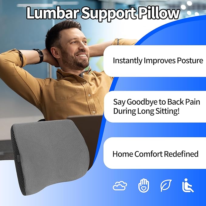 Lumbar Support Pillow for Car, Lower Back Support for Driving Seat Memory Foam Lumbar Pillow for Office Chair - Back Pain Relief for Car Seat, Wheelchair (Dark Gray)