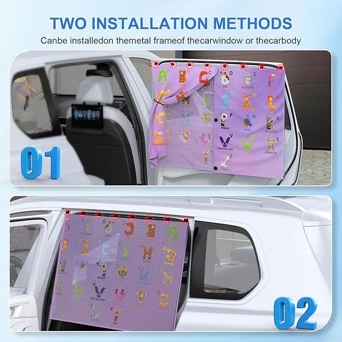 Car Window Shades with 8 Magnets-26.8"x19.7" Car Rear/Side Window Sunshade for Baby Semi-Transparent 2-in-1 Universal Auto Sun Shade for Kid & Pet Protection (2 Pack) Animal Alphabet Education