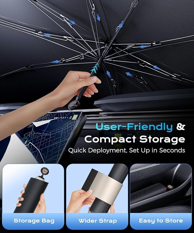 [2025 Upgrade]Coverado Sunshade for Car Windshield, UPF80+ Full-size Trucks/SUVs Windshield Sun Shade Blocks Heat & UV Rays, Thickened Vinyl Coating Keep Cool and Protect Interior, Foldable L 61”x34”