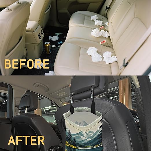 Mountain Lake Car Trash Bag,Forest Tree Strap Drawstring Car Garbage Bags,Car Back Seat Organizer with Adjustable Buckle for Car Accessories