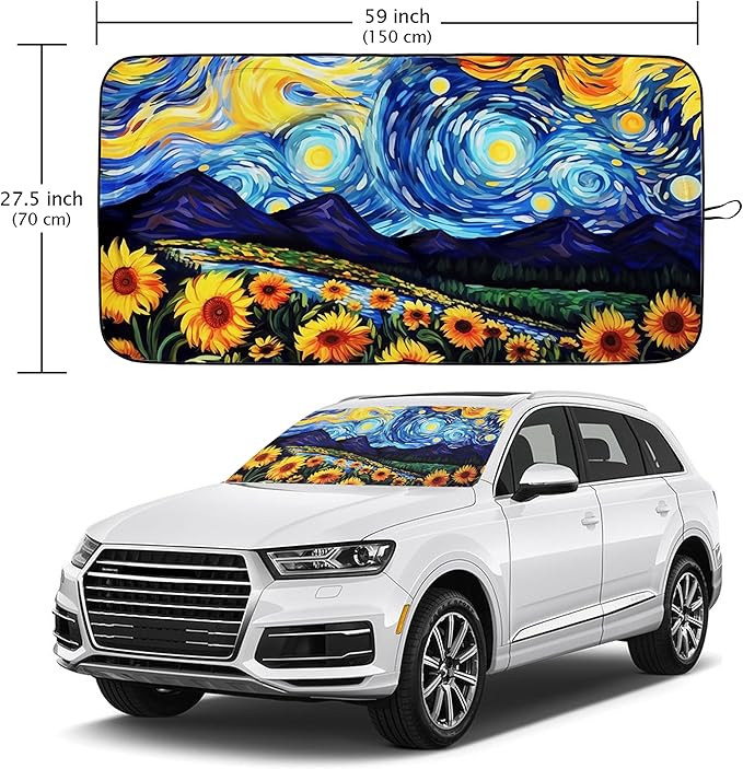 Starry Night Sunflowers Car Windshield Sun Shade Foldable Sunshade Front Window Cover Sun Visor Protector Accessories (59x27.5 inches)