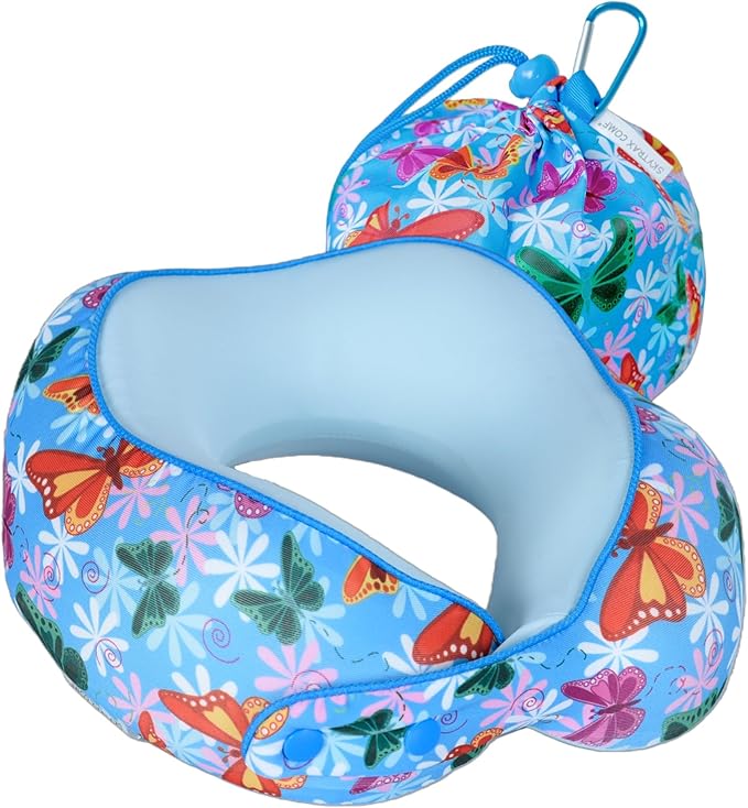 SKYTRAX® Certified Kids Safe Memory Foam Travel Neck Pillows for Kids and Toddlers Cute Cartoon Design, Car Seat & Airplane Head Neck Support, Adjustable Snap Buttons Washable Soft Cover (Butterfly)
