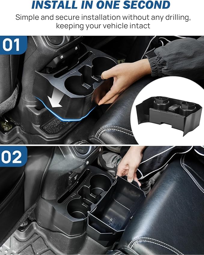 JOYTUTUS Backseat Cup Holder Storage Box Tray Organizer with Removable Trash Bin for Wrangler JL Gladiator JT, 2 Large Cup Holders Phone Storage, Floor Console Mounted Easy No-Drill Installation