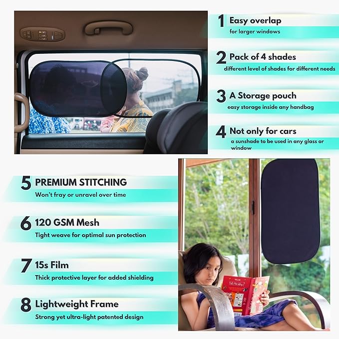 Car Window Shades - Certified 99.79% UVA & 99.95% UVB Sun Protection. Award Winning car Sun Shade for Side Windows. 4 Pack Transparent Shades 25" x 16" - Car Accessories Interior by Kinder Fluff