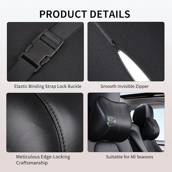 2PCS Leather Memory Foam Car Headrest Pillow Ergonomic Neck Pillow, Universal for Tesla Model Y/3/X/S BMW X3 X5 Lexus TX350 NX350 350h RX350 Volvo XC60 XC90 for Neck Pain Relief(Black)