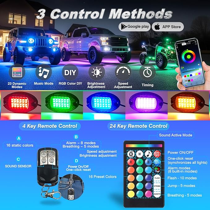 16Pods Heavy Duty Aluminum RGB LED Rock Lights for Trucks Pickup Jeep Gladiator Off-Road with APP/RF Remote, Segmented IP67 Waterproof Multicolor Underglow Accent Light 12V Plug and Play&Pre Wired