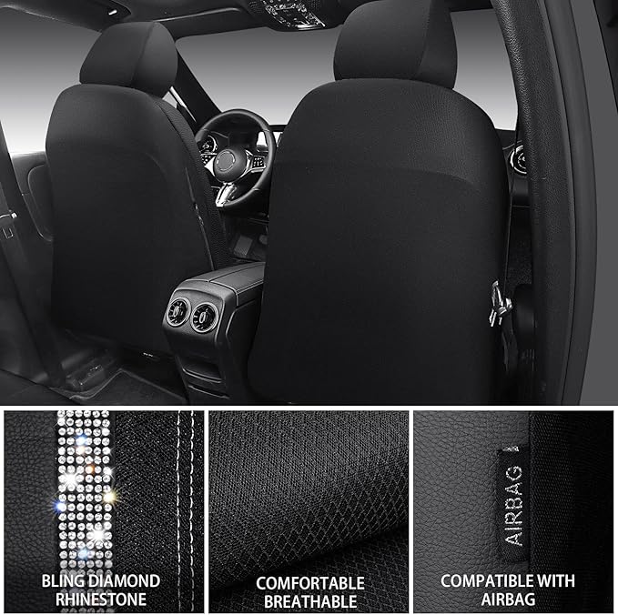 CAR PASS Memory Foam Mesh Bling Diamond Car Seat Cover 2 Front Seat Breathable Soft Sponge Universal Shining Glitter Sparkly Crystal Fit Armrest Automotive Truck SUV Cute Women Girl, Silver Rhinestone