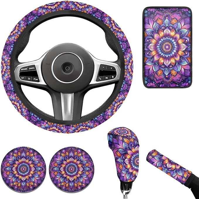 Bohemian Style Car Accessories for Men Women Flower Print Car Steering Wheel Cover Set 6 Pcs Cup Coaster Handbrake Gear Cover Suit for Most Cars Truck Vans SUV