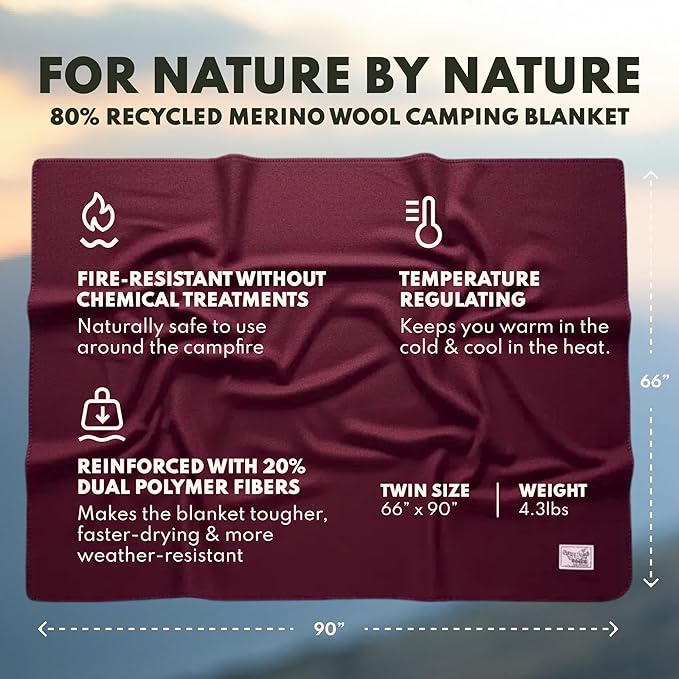 Woolly Mammoth Woolen Company Merino Wool Blanket - Temperature-regulating and Mositure-Wicking - 80% Wool Blanket - for Outdoor Camping, Backpacking and Hunting (66" x 90" Mulberry)