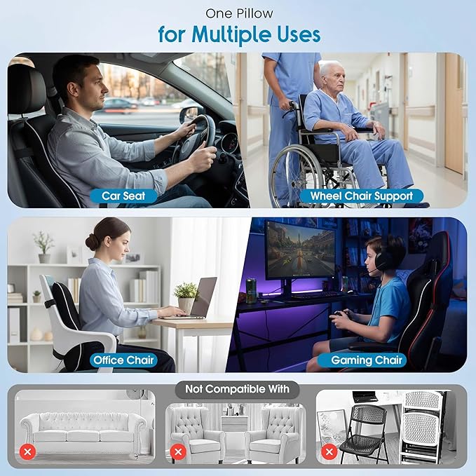 Lumbar Support Pillow for Office Chair and Car, Premium Memory Foam Back Cushion for Back Pain Relief Improve Posture Ergonomic Cushion with Breathable Mesh Cover and Adjustable Straps