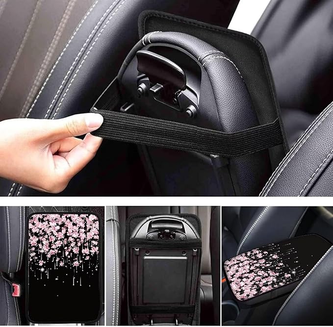 Pink Floral Auto Center Console Pad, Easy to Install Armrest Cover Pad for Trucks Vans SUV Cars, Universal Car Interior Decor Accessories for Women Men