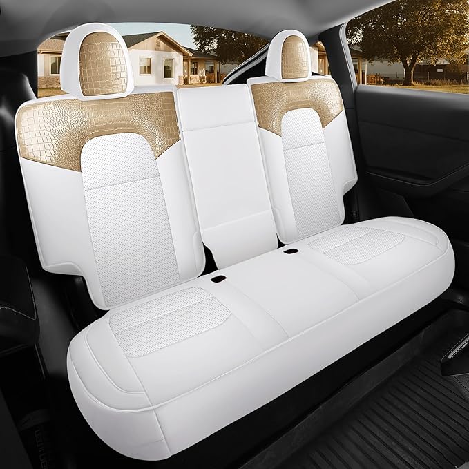 for Tesla Model Y Car Seat Cover Custom Fit 2020 2021 2022 2023 2024 Crocodile and Nappa Leather Seat Cover Full Set Interior Accessories (Crocodile Skin Golden+White)