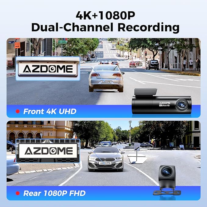 AZDOME M300S 4K Ultra HD Dual Dash Cam Front and Rear, Free 64GB Card, Built-in WiFi GPS Voice Control Car Camera, Night Vision, ADAS, 24 Hours Parking Monitor, Loop Recording (Matte Black)